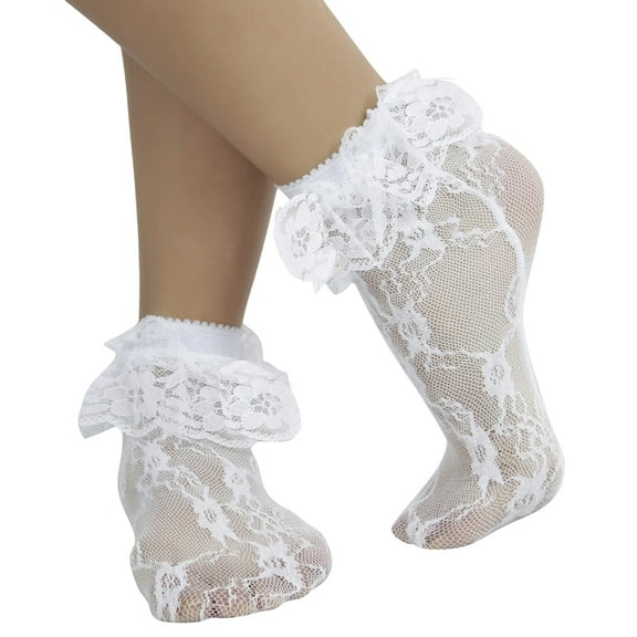 ToBeInStyle Women's Floral Lace Ruffle Trim Ankle High Socks - White
