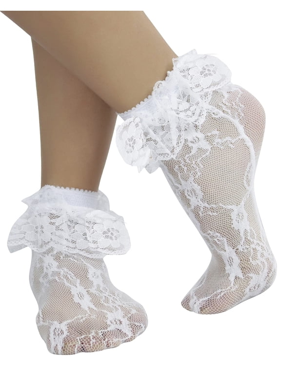 Women's Floral Lace Ruffle Trim Ankle High Socks - White