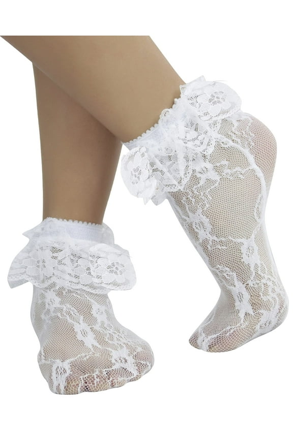 Women's Floral Lace Ruffle Trim Ankle High Socks - White