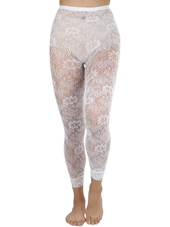 Women's Footless Floral Lace Fishnet Tights - White - One Size