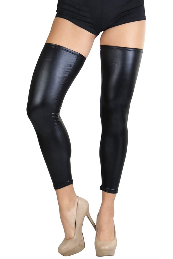 Women's Footless Wet Look Metallic Shiny Thigh High - Black - One Size