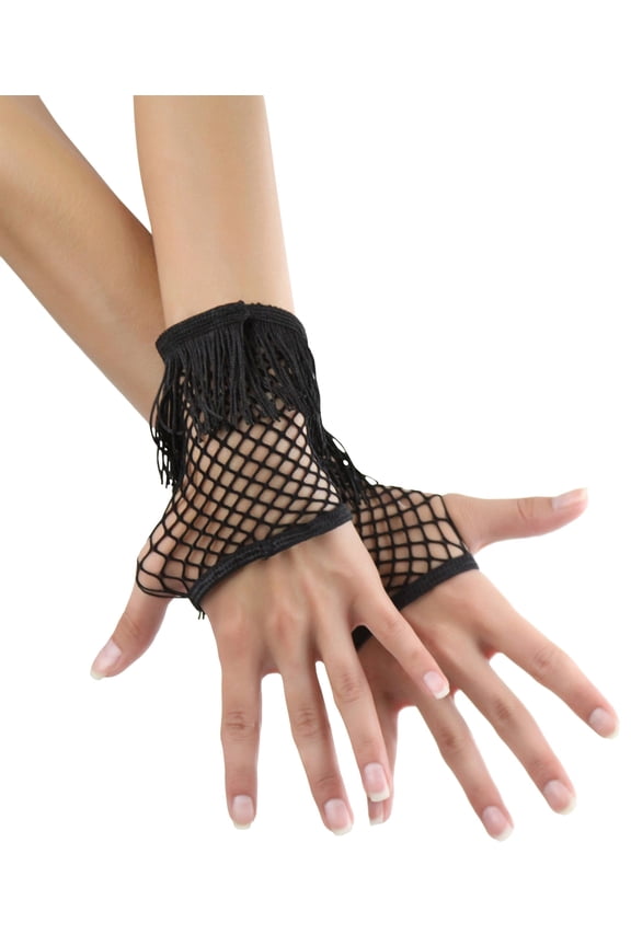 Women's Fringed Mini Diamond Net Gloves - Black - One Size