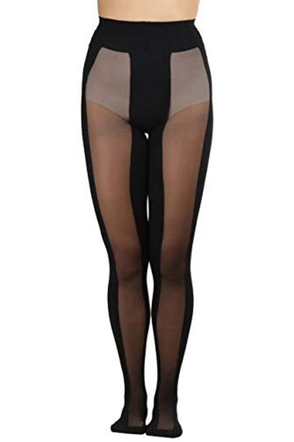 Women's Front And Back Sheer Panels Spandex Pantyhose - Black - One Size