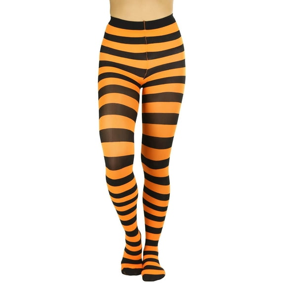 ToBeInStyle Women's Full Footed Wide Striped Tights - Black And Orange- One Size Regular