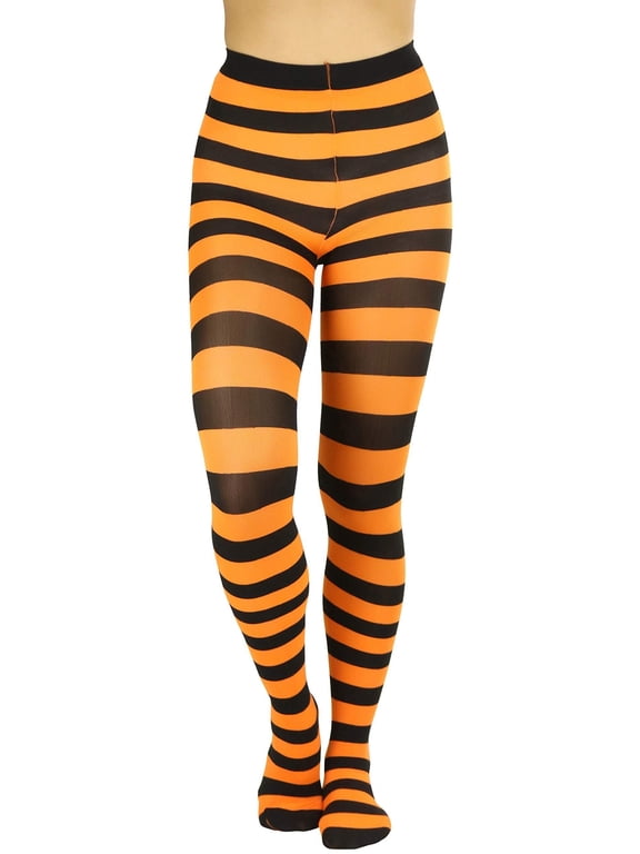 Women's Full Footed Wide Striped Tights - Black And Orange- One Size Regular