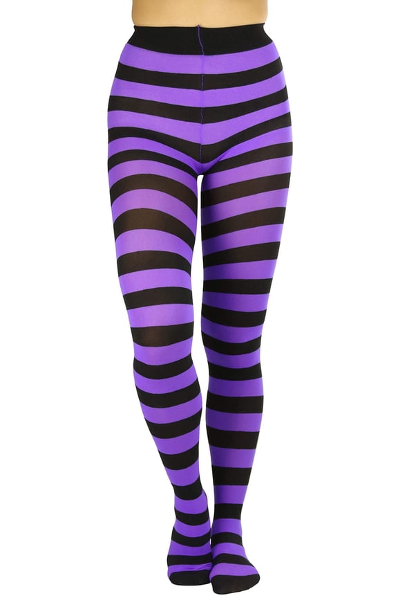 Women's Full Footed Wide Striped Tights Plus Size, Black And Purple