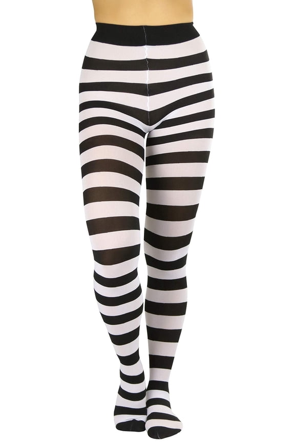 Women's Full Footed Wide Striped Tights One Size Regular, Black And White