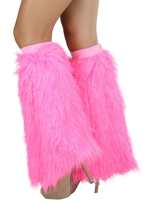 Women's Glitter Rave Faux Fur Lurex Boot Cuff Leg Warmers - Pink/Silver