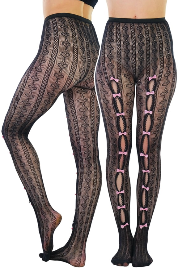 Women's Heart Net Pantyhose w/ Cut Out Details & Mini Bows - Black/Pink