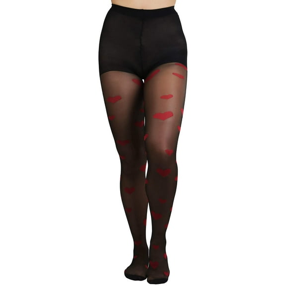 ToBeInStyle Women's Heart Print Spandex Pantyhose - Black/Red - One Size