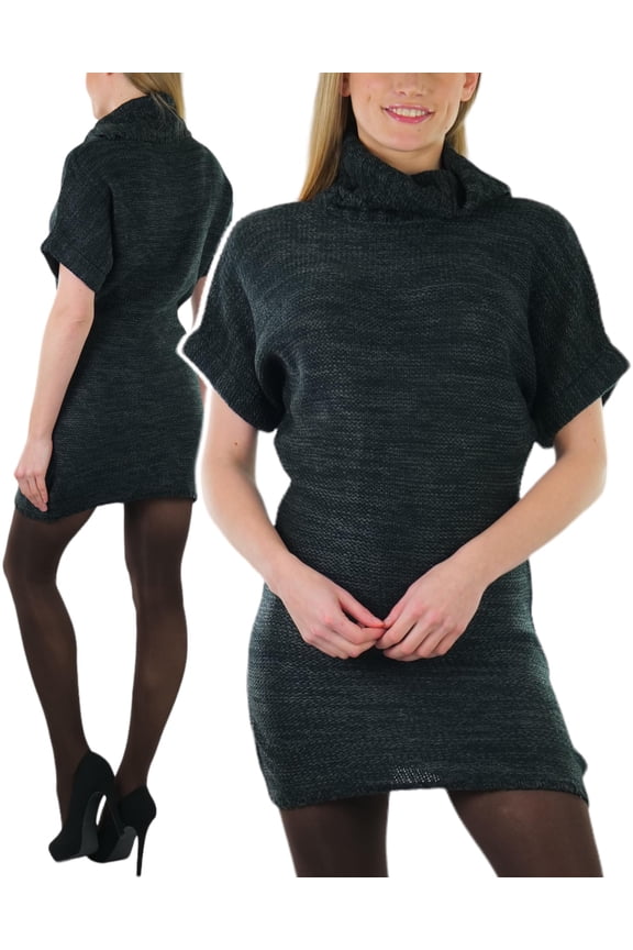 Women's Heavy Knit Sweater Tunic with Wide Fold-Over Turtleneck - Charcoal - M