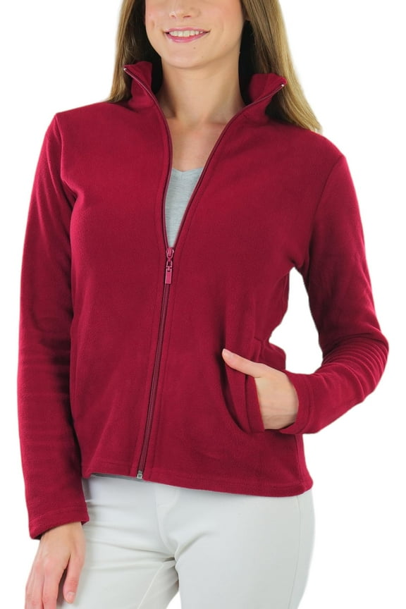 Women's High Collar Polar Fleece Long Sleeve Jacket - Burgundy - X-Large