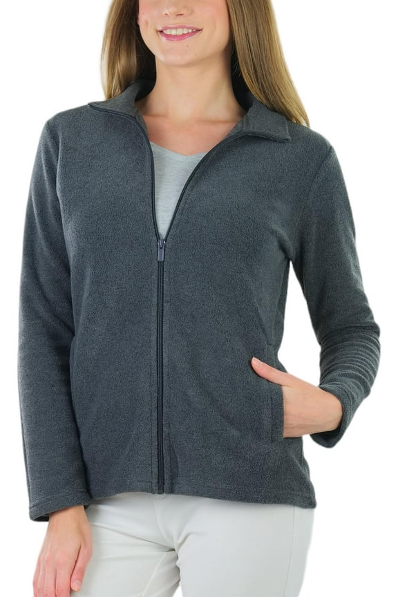 Women's High Collar Polar Fleece Long Sleeve Jacket - Charcoal - 2X-Large