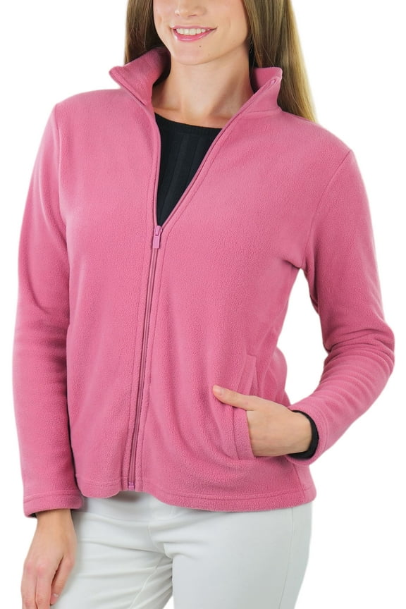 Women's High Collar Polar Fleece Long Sleeve Jacket - Dark Rose - Large