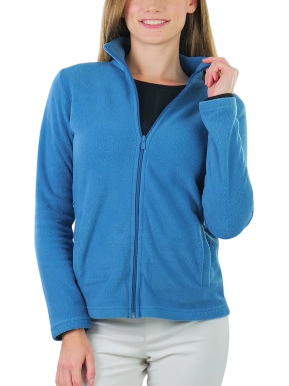 Women's High Collar Polar Fleece Long Sleeve Jacket - Steel Blue - Medium