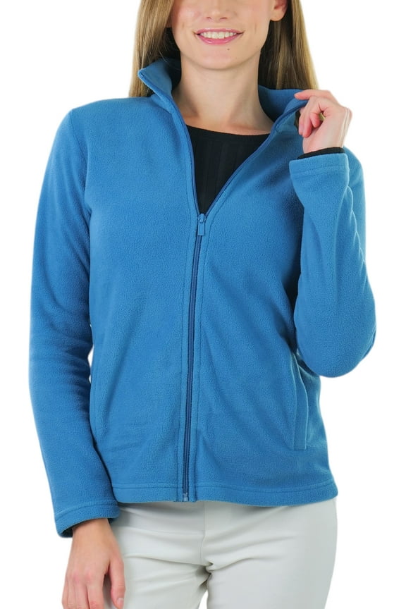 Women's High Collar Polar Fleece Long Sleeve Jacket - Steel Blue - X-Large