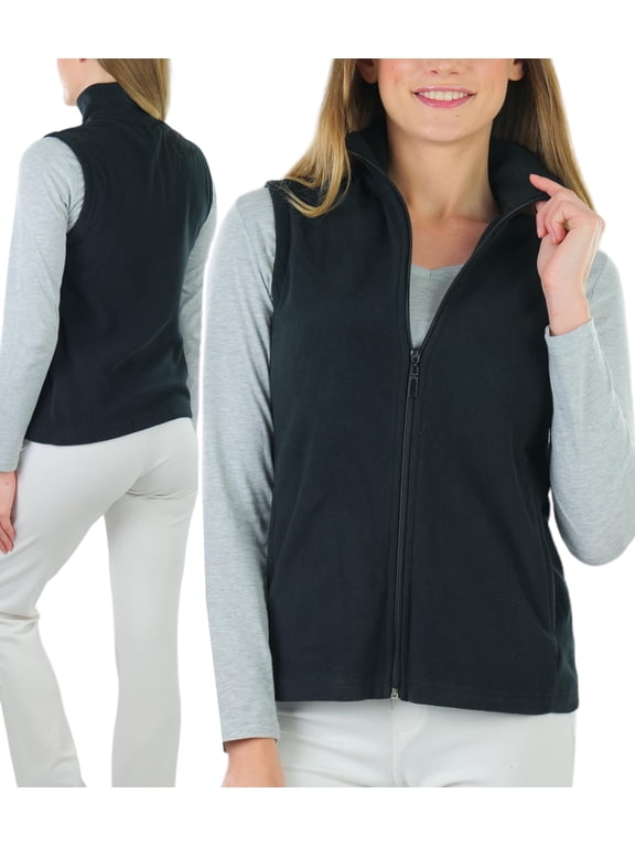 Women's High Collar Polar Fleece Sleeveless Jacket - Black - Large