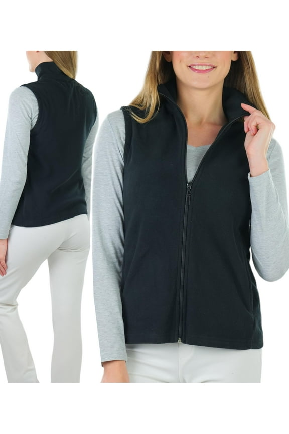 Women's High Collar Polar Fleece Sleeveless Jacket - Black - X-Large