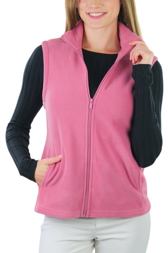 Women's High Collar Polar Fleece Sleeveless Jacket - Dark Rose - Large