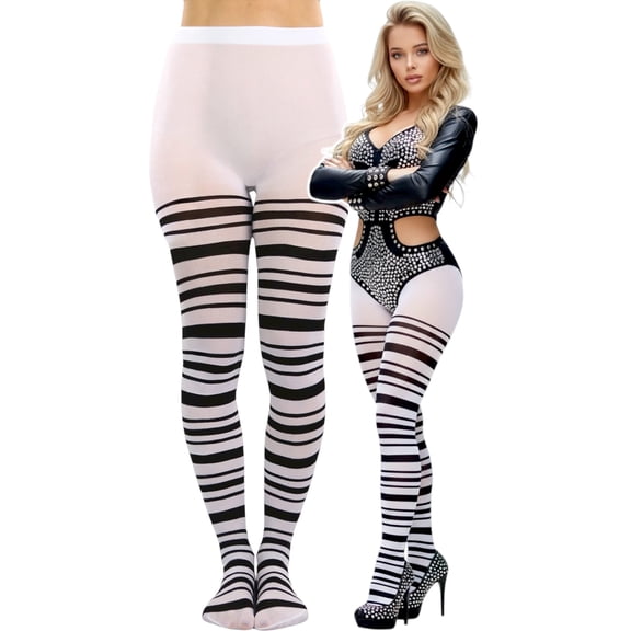 Tobeinstye Women's Horizontal Alternating Narrow Thin Wide Striped Pantyhose - Black And White - One Size