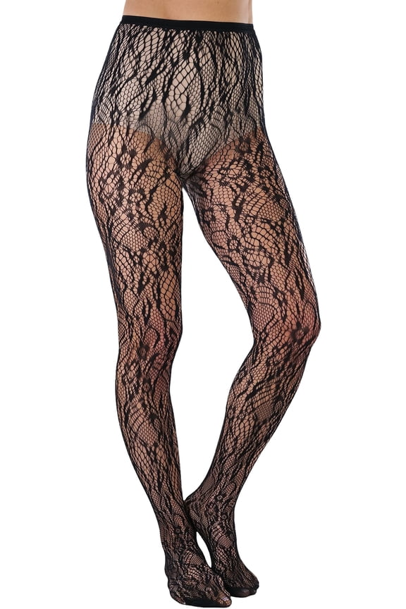 Women's Lace Spandex Pantyhose - Floral Garden Bouquet - Black