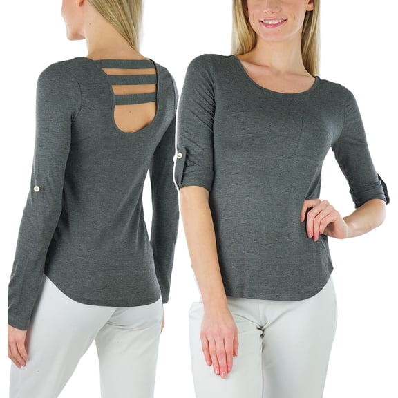 ToBeInStyle Women's Long Roll-Up Sleeve Ladder-Back Pocket Top - Charcoal - Small