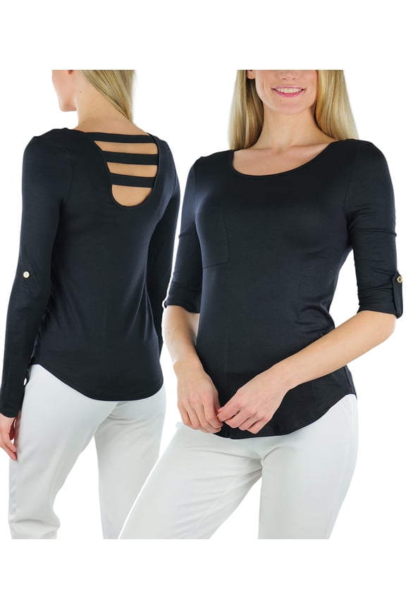 Women's Long Roll-Up Sleeve Ladder-Back Pocket Top - Black - Small