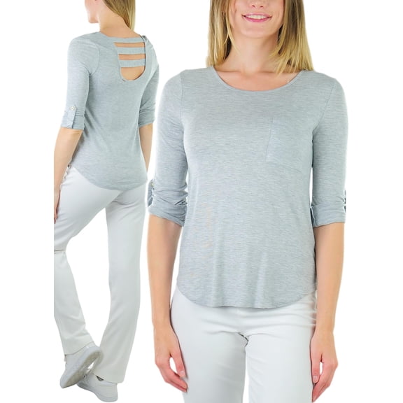 ToBeInStyle Women's Long Roll-Up Sleeve Ladder-Back Pocket Top - Heather Grey - Small
