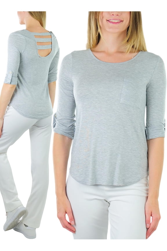 Women's Long Roll-Up Sleeve Ladder-Back Pocket Top - Heather Grey - Small