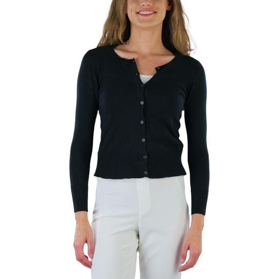 ToBeInStyle Women's Long Sleeve Button Up Ribbed Crew Neck Cardigan Sweater