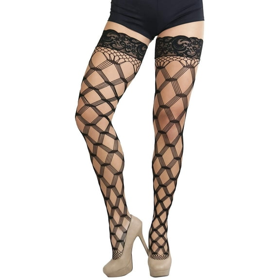 ToBeInStyle Women's Multi Fence Net Lace Trim Stocking w/ Silicon Grip Accessory - One Size - Black