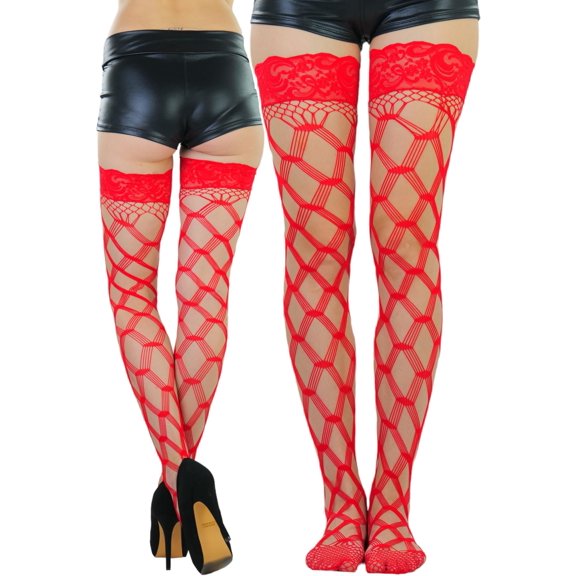 ToBeInStyle Women's Multi Fence Net Lace Trim Stocking w/ Silicon Grip Accessory - One Size - Red