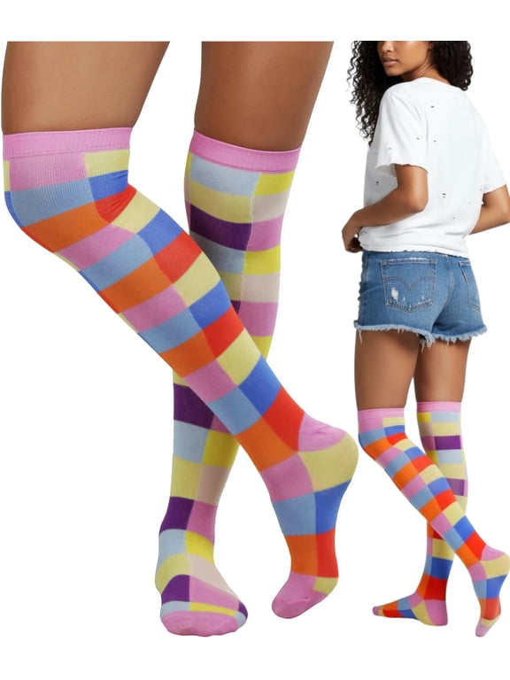 Women's Neon Color Rectangle Checker Thigh High Socks - Rainbow
