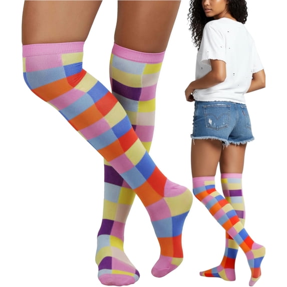 ToBeInStyle Women's Neon Color Rectangle Checker Thigh High Socks - Rainbow