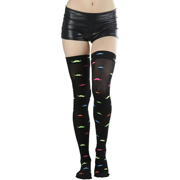ToBeInStyleWomen's Neon Mustache Print Opaque Thigh Hi - Blackrainbow One Size