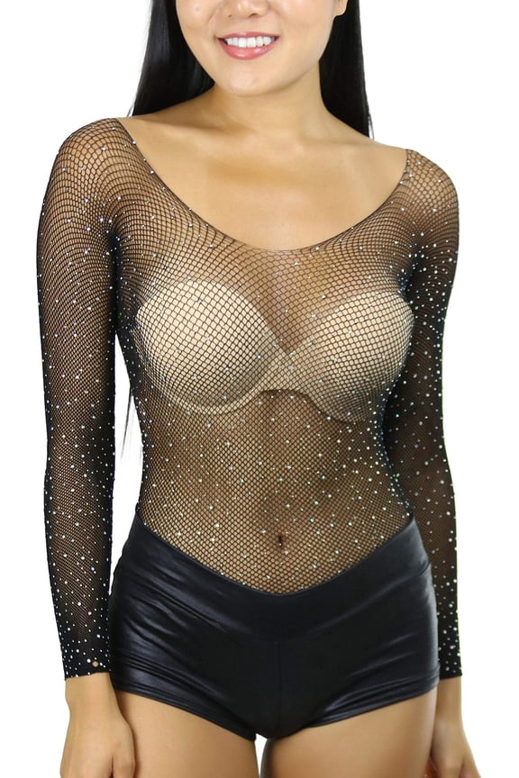 Women's Novelty Fishnet Rhinestone Bodysuit Leotard - Black - One Size Plus