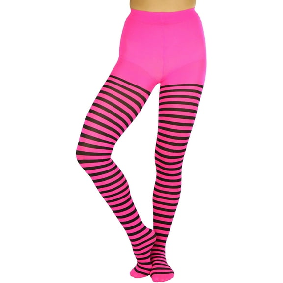 ToBeInStyle Women's Nylon Horizontal Striped Opaque Tights - Black/Neon Pink - One Size
