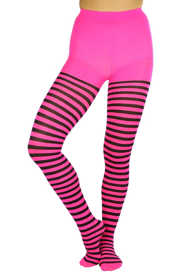 Women's Nylon Horizontal Striped Opaque Tights - Black/Neon Pink - One Size