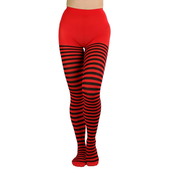 ToBeInStyle Women's Nylon Horizontal Striped Opaque Tights - Black/Red - One Size Plus 3X/4X