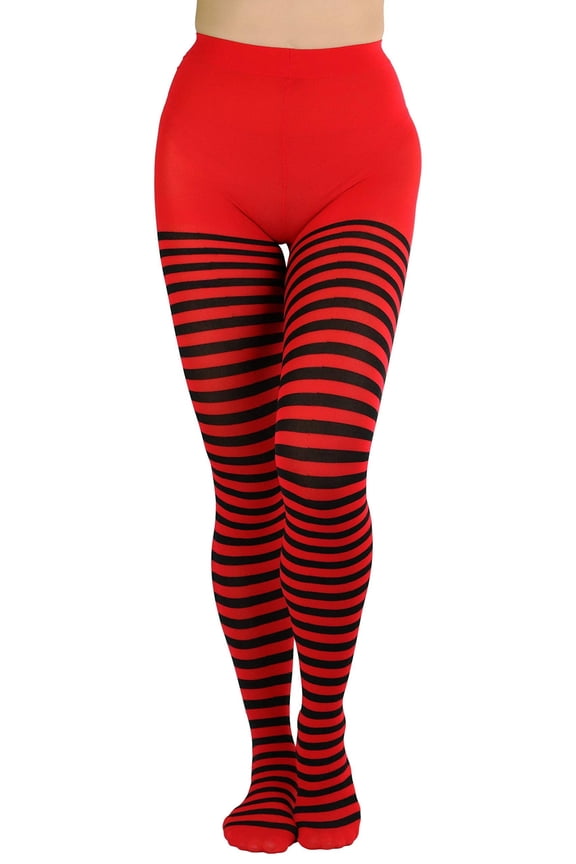 Women's Nylon Horizontal Striped Opaque Tights - Black/Red - One Size Plus