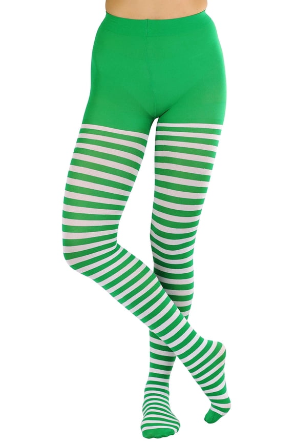 Women's Nylon Horizontal Striped Opaque Tights - White/Kelly Green - One Size