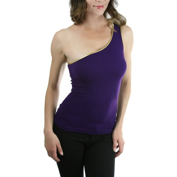 ToBeInStyle Women's One Shoulder Ribbed Top with Gold Trim