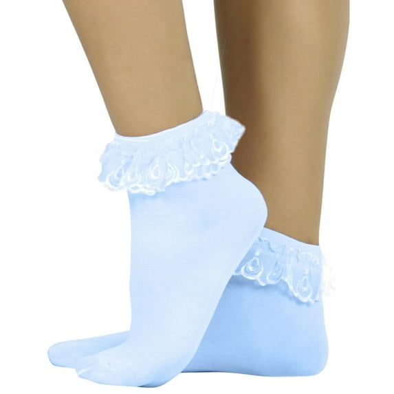ToBeInStyle Women's Opaque Ankle High Socks w/ Ruffled Lace Top - Baby Blue