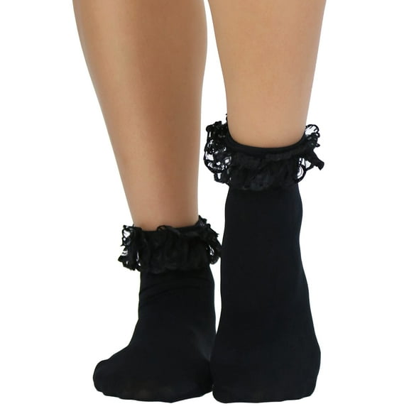 ToBeInStyle Women's Opaque Ankle High Socks w/ Ruffled Lace Top - Black