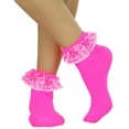 thumbnail image 1 of ToBeInStyle Women's Opaque Ankle High Socks w/ Ruffled Lace Top - Hot Pink, 1 of 7