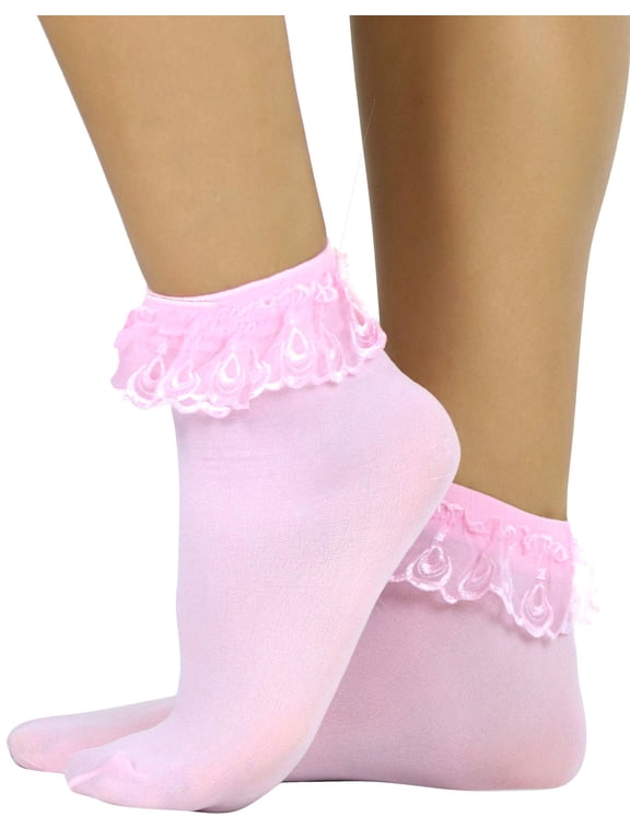 Women's Opaque Ankle High Socks w/ Ruffled Lace Top - Pink