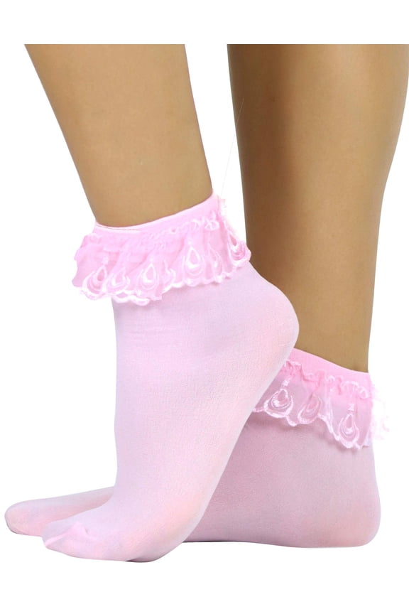 Women's Opaque Ankle High Socks w/ Ruffled Lace Top - Pink