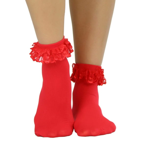 ToBeInStyle Women's Opaque Ankle High Socks w/ Ruffled Lace Top - Red
