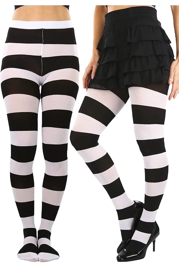 Women's Opaque Extra Wide Horizontal Stripe Tights Pantyhose - Black & White - OS