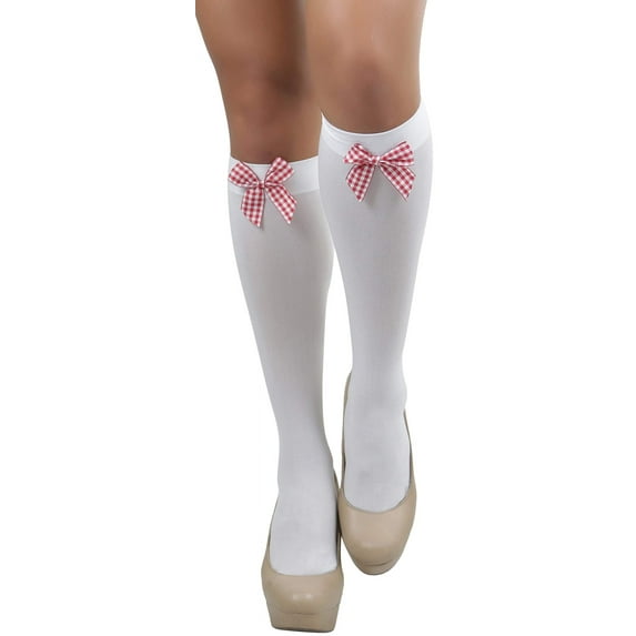 ToBeInStyle Women's Opaque Knee High w/ Plaid Satin Bow - White/Red/White